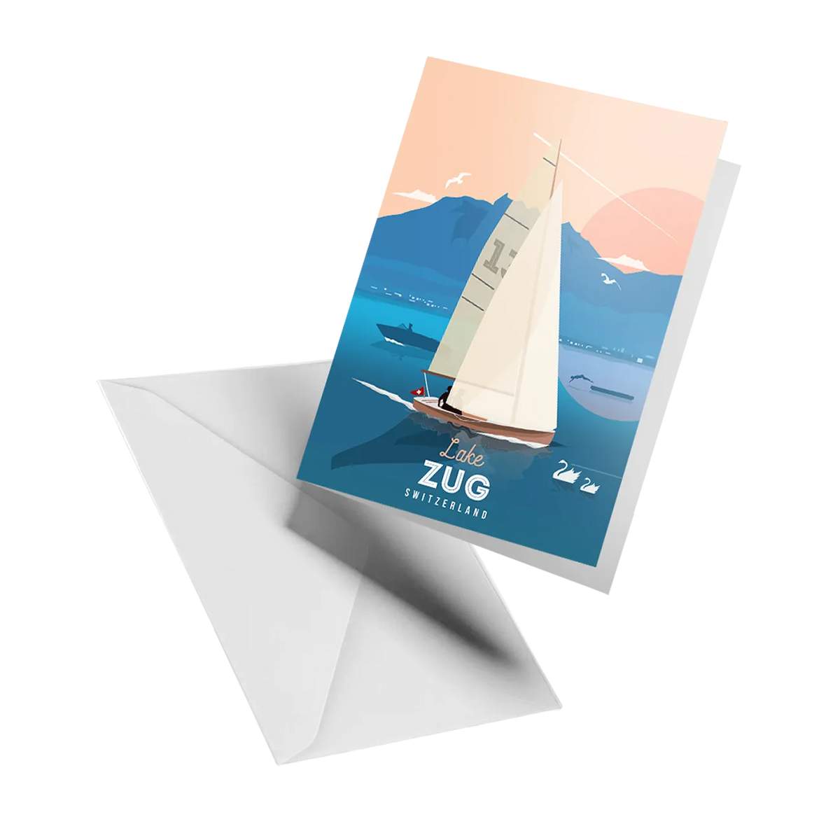 Illustrated greeting card by LEKKA: Sailing on Lake Zug with Mount Pilatus in the background