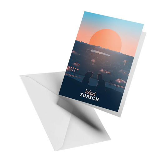 Illustrated greeting card by LEKKA: The Waid, Zurich's best viewpoint for sunsets over the city